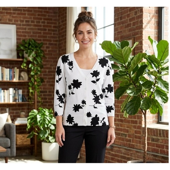 Apt. 9 Sweaters - Apt 9 Floral V-Neck 3/4 Sleeve Cardigan Sweater Women's XL Cotton Black White